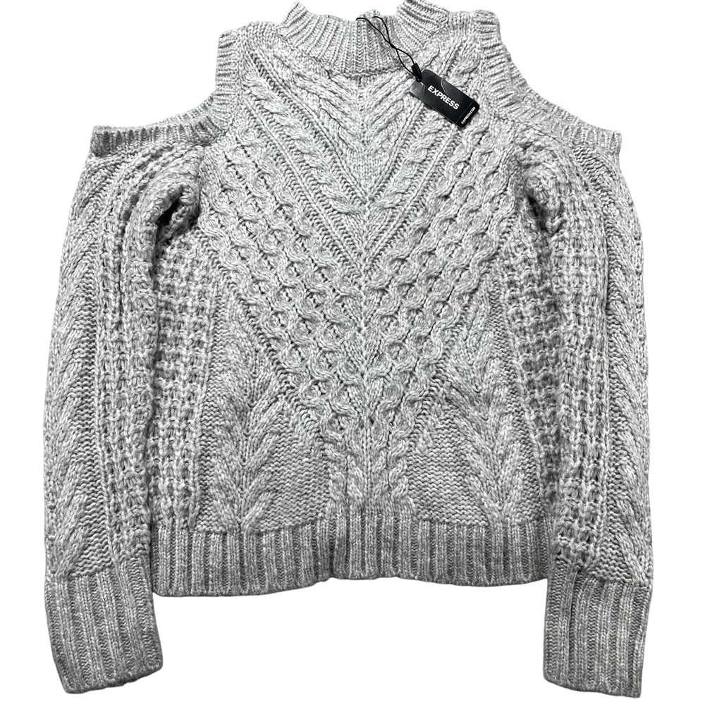 Express Sweater Womens XS Gray Cold Shoulder Mock Neck Cable Knit Pullover